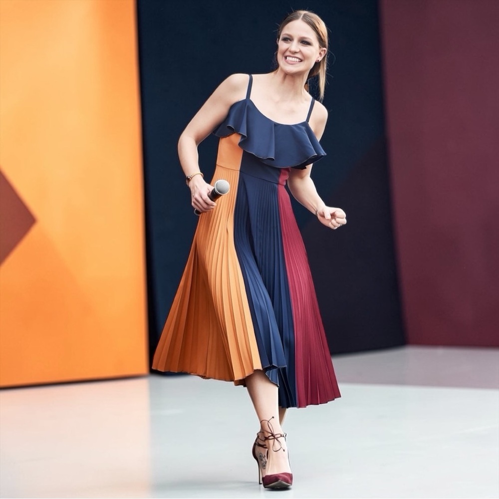 Staud Womenโs Midi Pleated Color Block Takeshi Plissรฉ Dress In Size Small